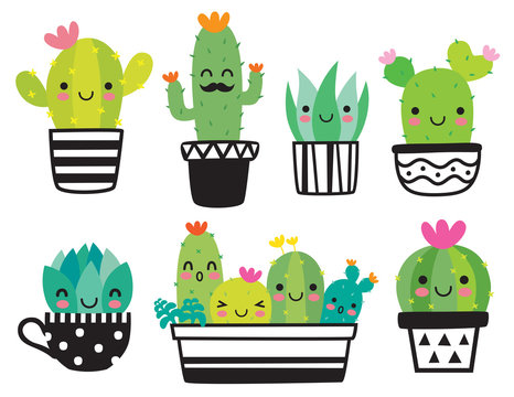 Fototapete - Cute succulent or cactus plant with happy face vector illustration set.