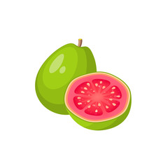 Wall Mural - Summer tropical fruits for healthy lifestyle. Guava, whole fruit and half. Vector illustration cartoon flat icon isolated on white.