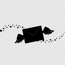 Black Silhouette Of Closed Envelope  With Wings And Hearts Confetti.