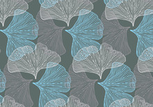 Hand Drawn Ginkgo Leaves Vector Pattern In Blue And Gray Colors Palette