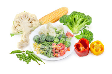 Wall Mural - Various frozen and fresh vegetables on a white background