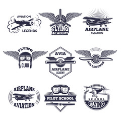 Wall Mural - labels at aircrafts theme. vector monochrome illustrations of airplanes