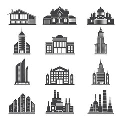 Wall Mural - monochrome silhouettes of different modern buildings and others municipal architecture objects