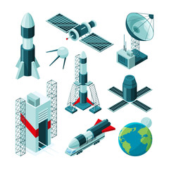 Wall Mural - isometric pictures of different tools and constructions for space center