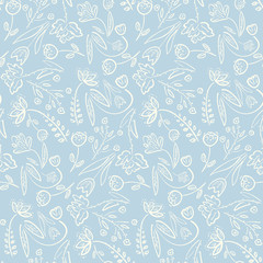 tender blue spring linear hand drawn floral seamless pattern. romantic white meadow flowers on blue 