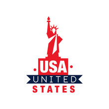 Monochrome Emblem With Statue Of Liberty Silhouette. United States Of America. National Symbol In Red-blue Color. Flat Vector Design For Logo, Card Or Poster