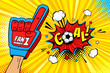 Male hand in the glove of a sports fan raised up celebrating win and Goal speech bubble with stars and clouds. Vector colorful illustration in retro comic style. Sport game invitation poster.