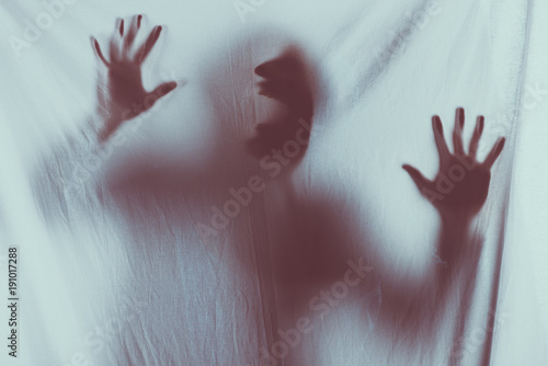 Fotografía scary blurry silhouette of unrecognizable person screaming behind veil