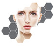 Human face in honeycomb. Young and healthy woman in plastic surgery, medicine, spa and face lifting concept.