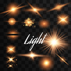Wall Mural - set of golden shiny lights and tinsel with the effect of lenses on a transparent background