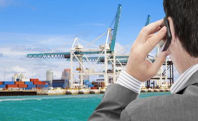 Aufkleber - Businessman use smart phone for logistic business, in the background container terminal with cranes