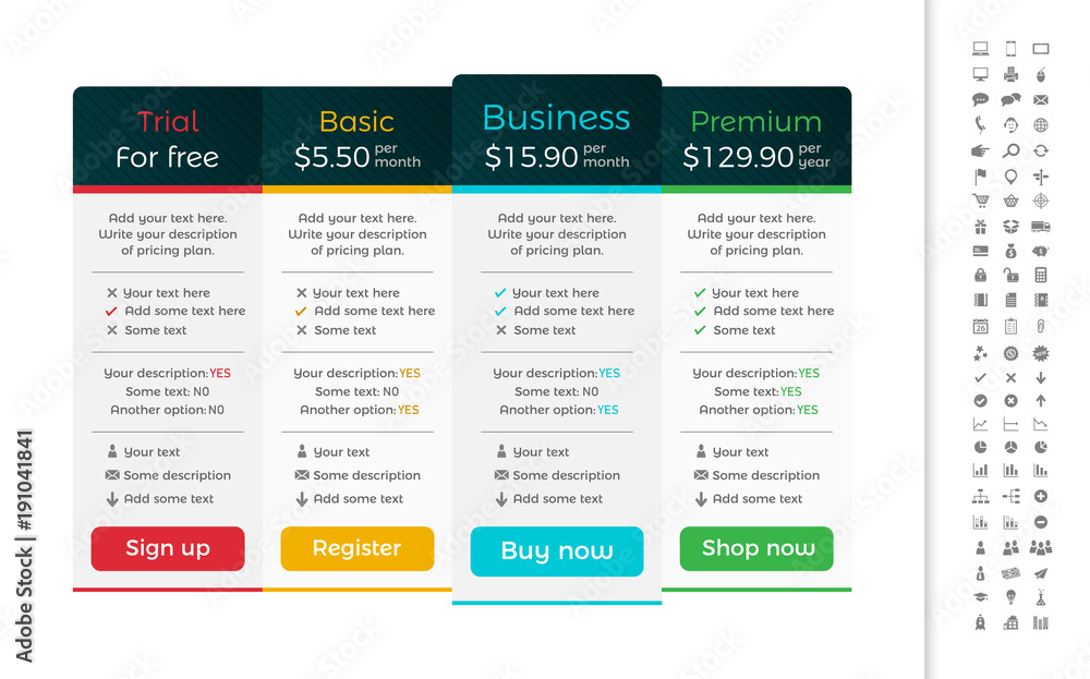 Light pricing table with dark header and one recommended option - obrazy, fototapety, plakaty 