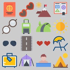 Icon set about Beach And Camping with keywords suitcase, sun, tent, sunglasses, passport and mountains