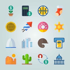 Wall Mural - Icon set about United States. with coin, badge and grand canyon