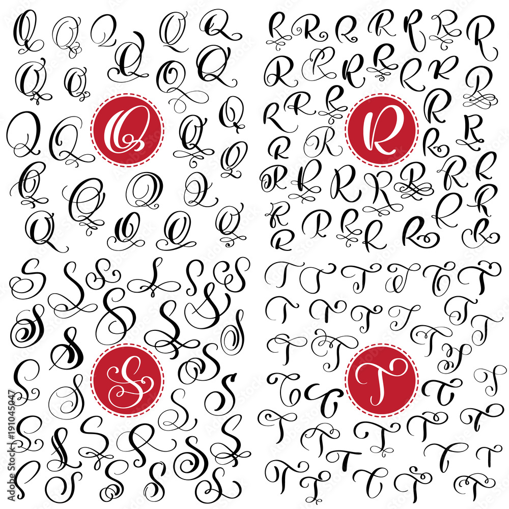 Set of Hand drawn vector calligraphy letter Q, R, S, T. Script font ...
