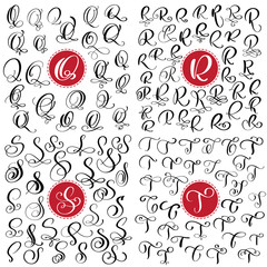 Wall Mural - Set of Hand drawn vector calligraphy letter Q, R, S, T. Script font. Isolated letters written with ink. Handwritten brush style. Hand lettering for logos packaging design poster