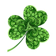 Decorative Clover Leaf Talisman. Colored Doodle St Patrick Day Design Element. Elegant Natural Motif With Triskel Celtic Symbol. Greeting Card Ornaments. Vector 3d Illustration. Abstract Ornate Art