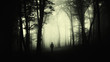 man silhouette wandering in forest at night, dark scary surreal landscape