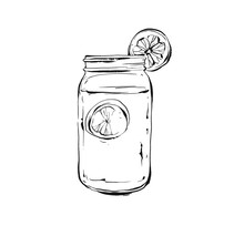Hand Drawn Vector Abstract Artistic Cooking Ink Sketch Illustration Of Tropical Lemonade Shake Drink In Glass Mason Jar Isolated On White Background.Diet Detox Concept