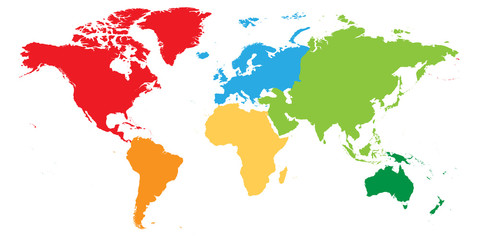 world map divided into six continents. each continent in different color. simple flat vector illustr