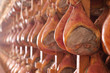In a ham factory there are hams hung to season after having undergone the various processes according to the ancient Italian tradition. Concept of: tradition, italy, food.