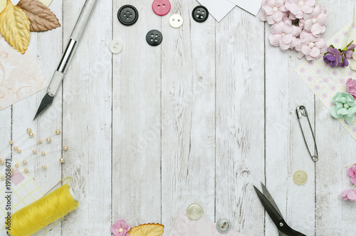 Fotomural creative working place on the surface of wood, scrapbooking