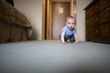 Baby Boy Crawling On The Floor In Hotel Room