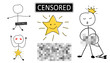 Set of censorship signs. Censored text icon for secret materials. Funny sexy illustration - couple woman and man celebrating Valentine's day. Cute star with cartoon face, pixel background for censor
