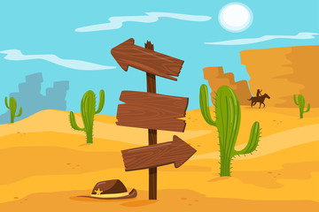 Old wooden road sign standing on desert landscape background vector Illustration, cartoon style