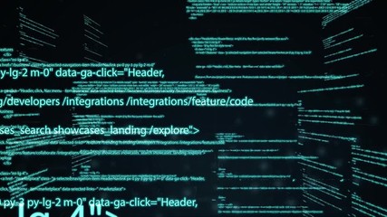 computer code running in a virtual space. camera moves through the text. abstract technology program