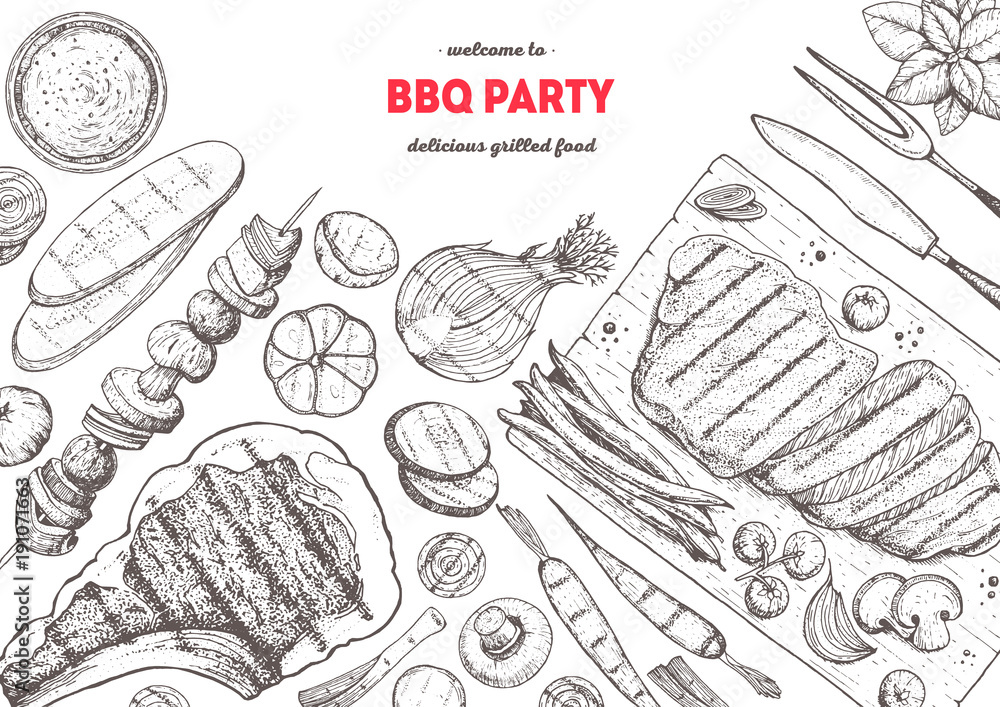 Grilled meat and vegetables top view frame. Vector illustration ...