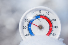 Outdoor Thermometer In Snow Shows Minus 21 Celsius Degree Cold Winter Weather Concept