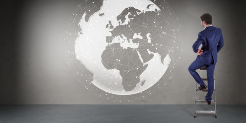 Poster - Businessman using digital planet earth interface on a wall 3D rendering
