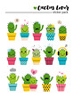 Sticker pack with cute cactuses in bright colored pots. Cartoon style emotion icons or patches or pins on white isolated background.