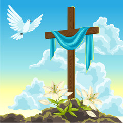 Silhouette of wooden cross with shroud, dove and lilies. Happy Easter concept illustration or greeting card. Religious symbols of faith against sunrise sky