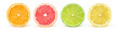 Leinwandbild Motiv Isolated citrus slices. Fresh fruits cut in half (orange, pink grapefruit, lime, lemon) in a row isolated on white background with clipping path