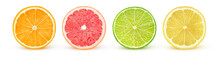 Isolated Citrus Slices. Fresh Fruits Cut In Half (orange, Pink Grapefruit, Lime, Lemon) In A Row Isolated On White Background With Clipping Path