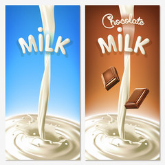 Realistic splash flowing milk or cocoa with chocolate pieces in the blue and brown background. Isolated vector design elements