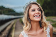 Blonde bride smiling and looking to the side