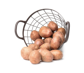 Sticker - Overturned basket with fresh raw potatoes on white background