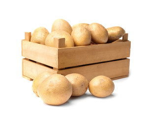 Sticker - Wooden container with fresh raw potatoes on white background