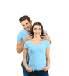 © Africa Studio - Young man and woman in stylish t-shirts on white background. Mockup for design