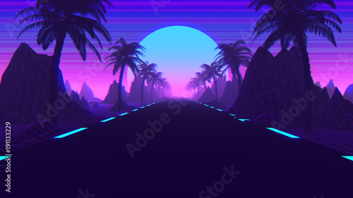 80s Retro Scifi Synthwave And Outrun Background 3D Illustration Tableau sur Toile
