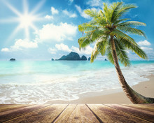 Summer Holiday Concept: Wooden Table With Coconut Palm Tree At The Beach Background.
