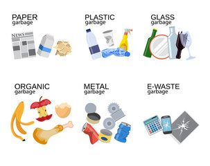 Garbage sorting food waste, glass, metal