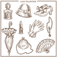 Lady Retro Clothes And Woman Vintage Fashion Accessories Vector Sketch Icons