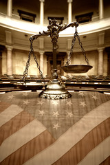 Decorative Scales of Justice and flag of USA, Law and Justice concept.