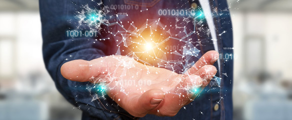 Businessman using digital binary code connection network 3D rendering