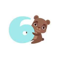 Poster - Funny cute brown bear animal and number six, birthday anniversary, learn to count concept cartoon vector Illustration