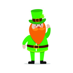 Wall Mural - Happy flat desing leprechaun for St. Patrick's day vector illustration. Hat, beard, clover leaf